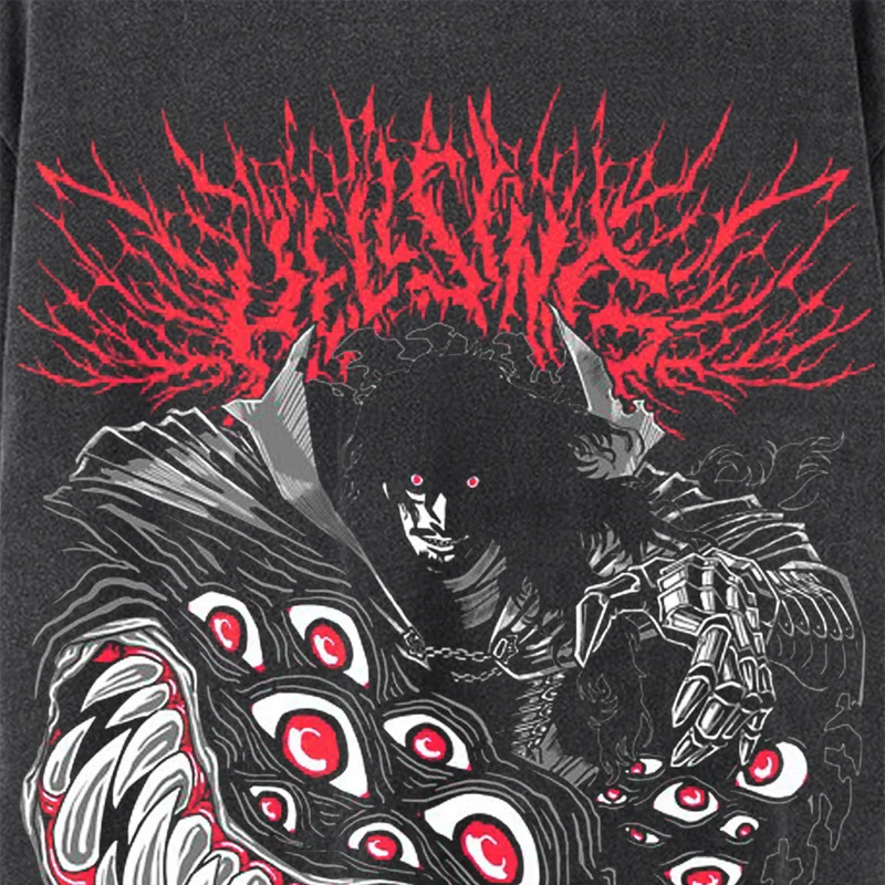 Japanese Anime Hellsing Alucard Tshirt Vintage Washed 100% Cotton T-Shirt Men Women Hip Hop Streetwear Graphic Harajuku Tops