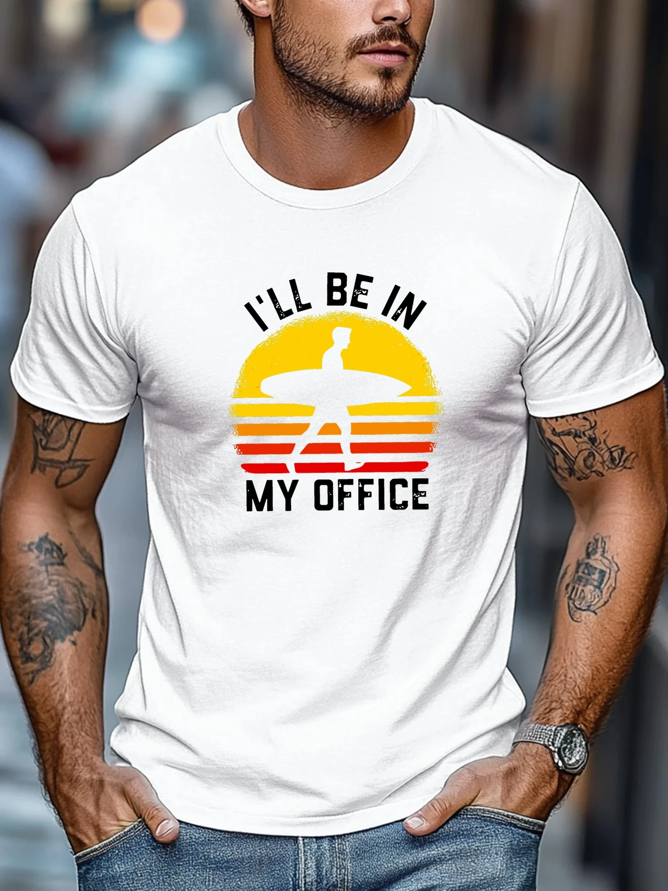 Men Navy Crew Neck Tee Retro Sunset Surfer Silhouette I Will Be In My Office Funny Surf Beach Hobby Soft Cotton Male Casual Tops