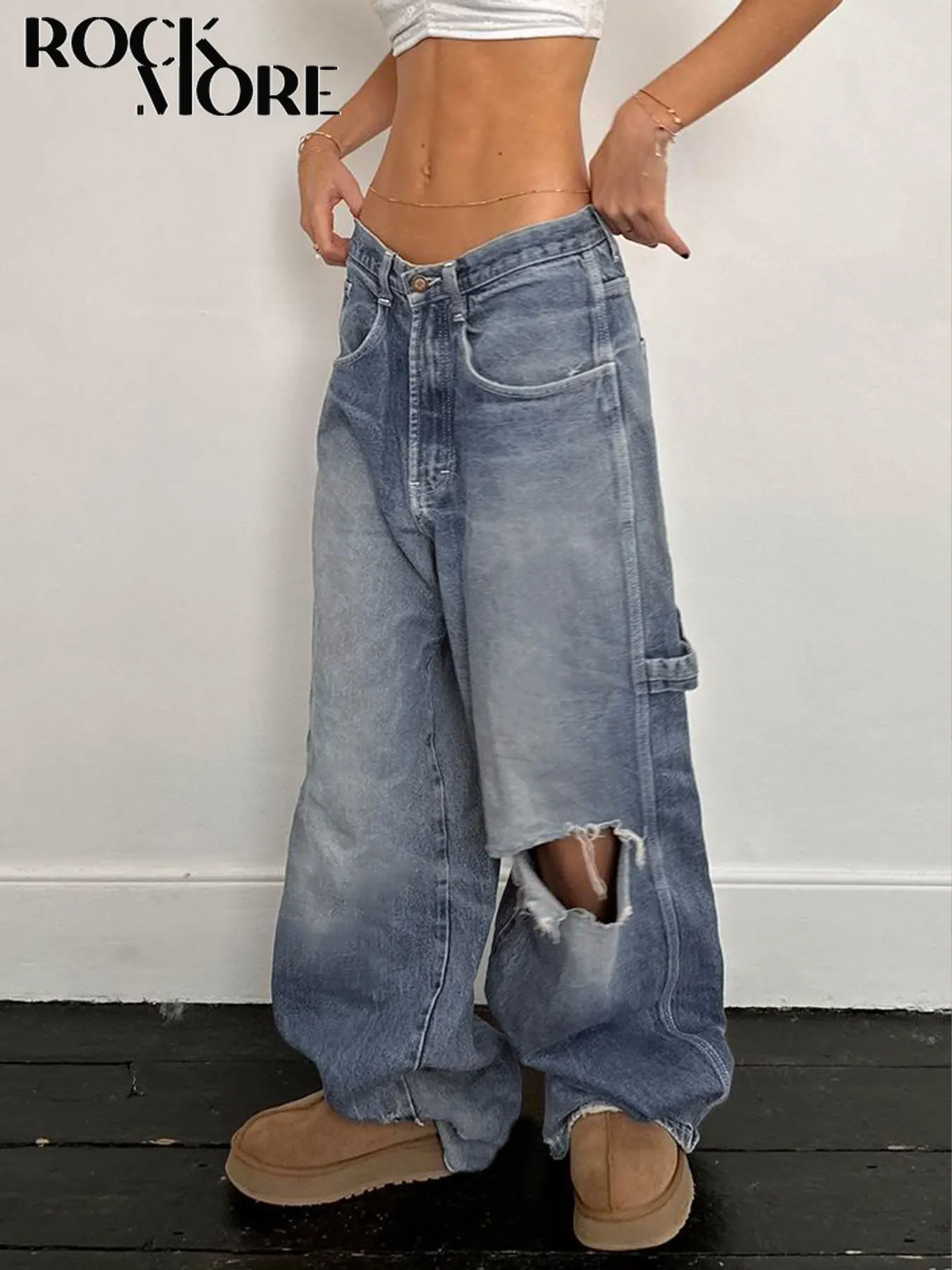 

Rockmore Ripped Women's Jeans Y2K Streetwear Baggy Straight Cargo Pants Punk Low Waist Wide Leg Denim Trousers 90s Vintage 2024