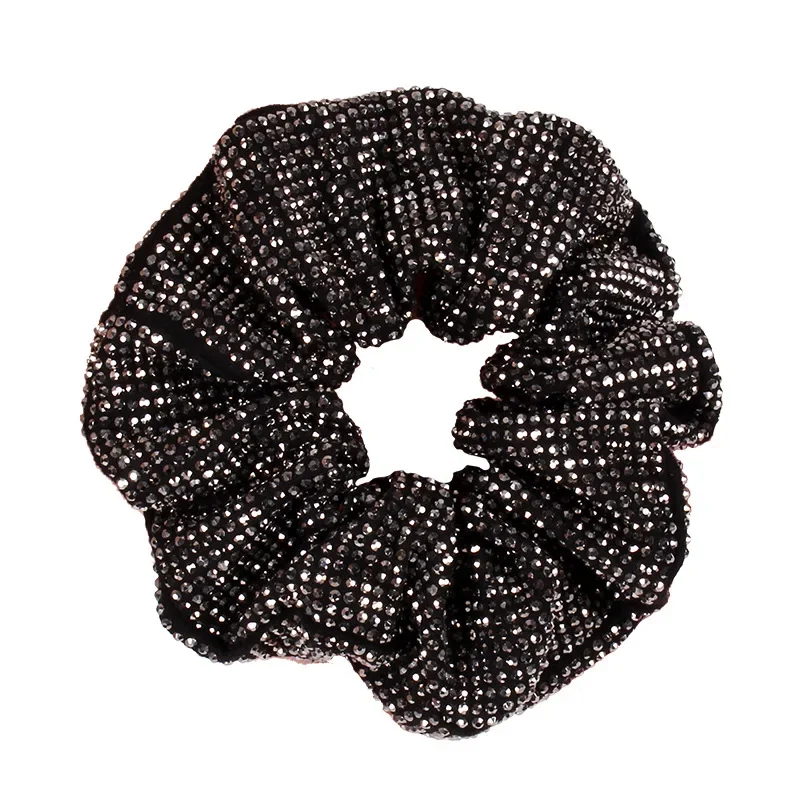 Fashion Rhinestone Women Silk Scrunchie Elastic Handmade Hair Black Band Ponytail Holder Headband Hair Accessories