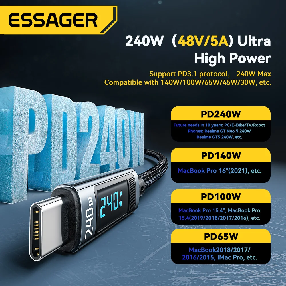 Essager 240W USB Type C To USB C Cable PD 3.1 100W Fast Charging Charger Cables 6A For MacBook Pro Laptop Xiaomi iPad Data Cord