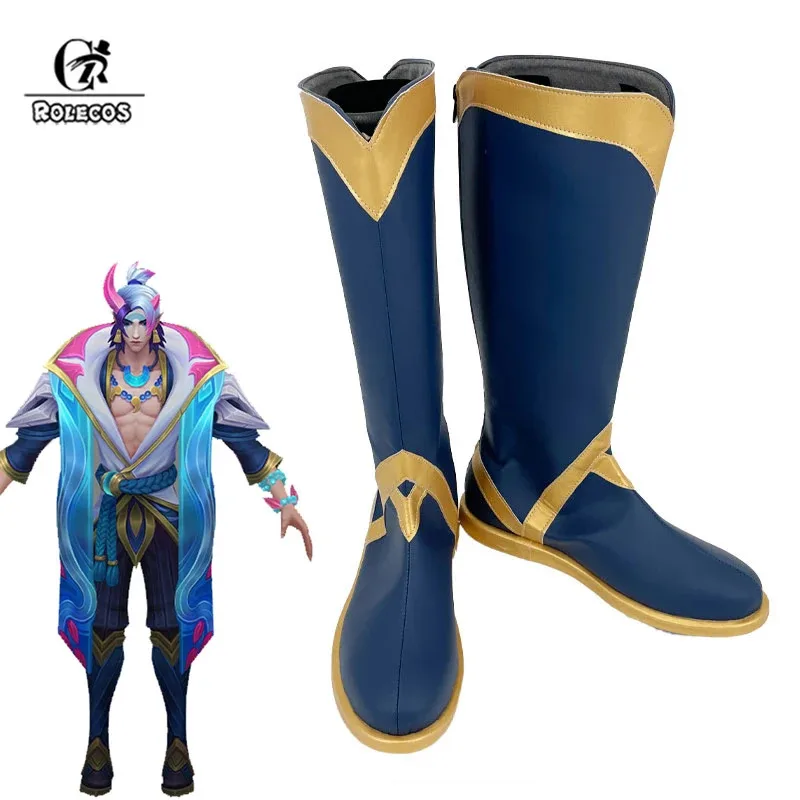 

Rolecos/мужская обувь для косплея из искусственной кожи, синие туфли на плоском каблуке для Рождества, Хэллоуина, LOL Spirit Blossom Aphelios