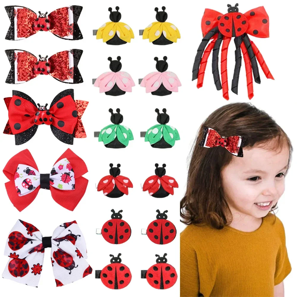 ncmama 1/2PCS Ladybug Hair Bow Clips for Kids Girls Cute Glitter Ladybird Hairpin Hairgirips Child Barrettes Baby Headwear Gifts