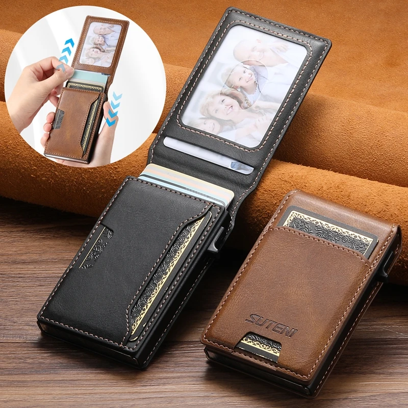 Pu Leather Wallet Card With Photo Frame, Slot Wallet Flip Cover Card Box Pressing The Button Automatically Ejects Card Men Gift