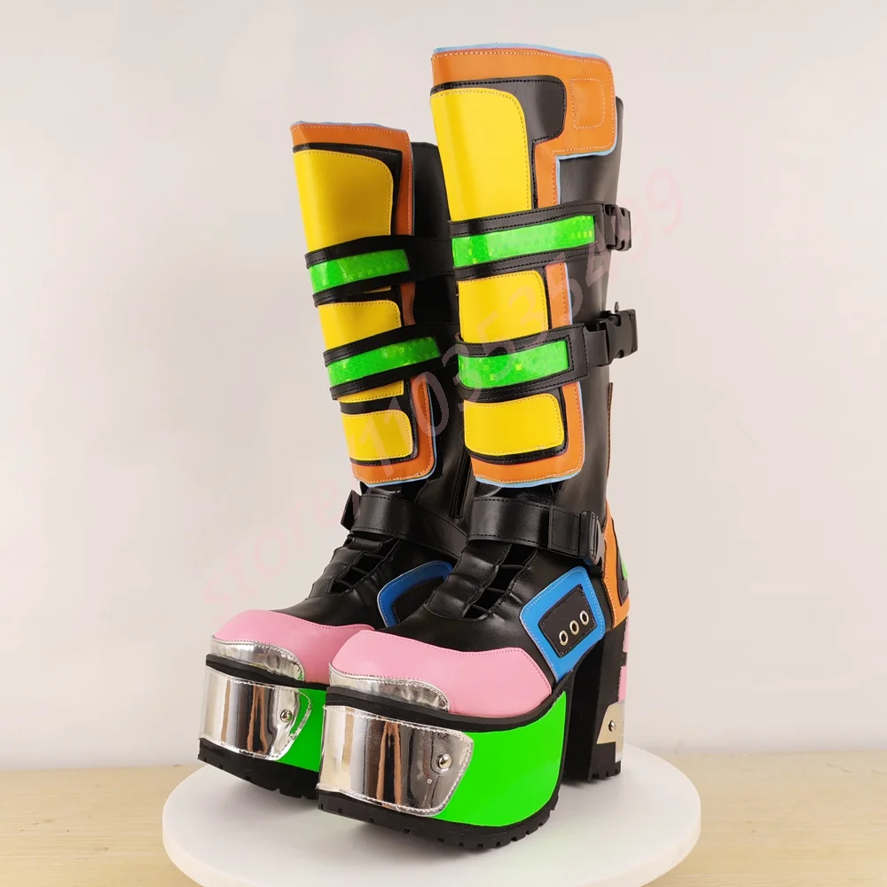 Platform Mixed Color Metal Cyberpunk Motorcycle Boots 2025 New Street Rock Thick High Heel Fashion Party Casual Knight Long Boot