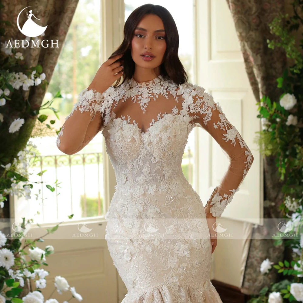 Aedmgh Meerjungfrau Brautkleider Stehkragen Langarm Elegante Vestido De Novia Applikationen Gericht Zug Sexy Nach Maß Brautkleid