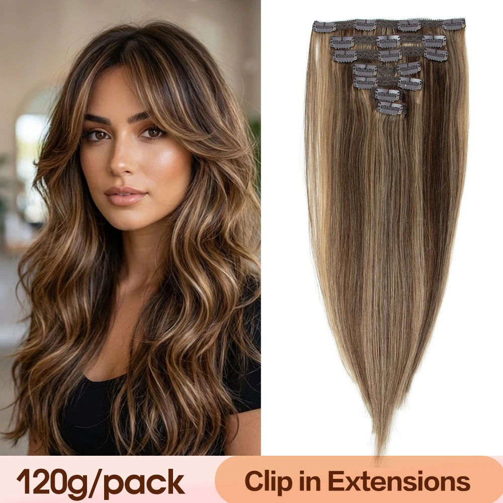 P4-27 Highlight Piano Natural Clip in Hair Extensions Human Hair 14-24 inch 110-120g/set Straight Clip in Extensions for Women