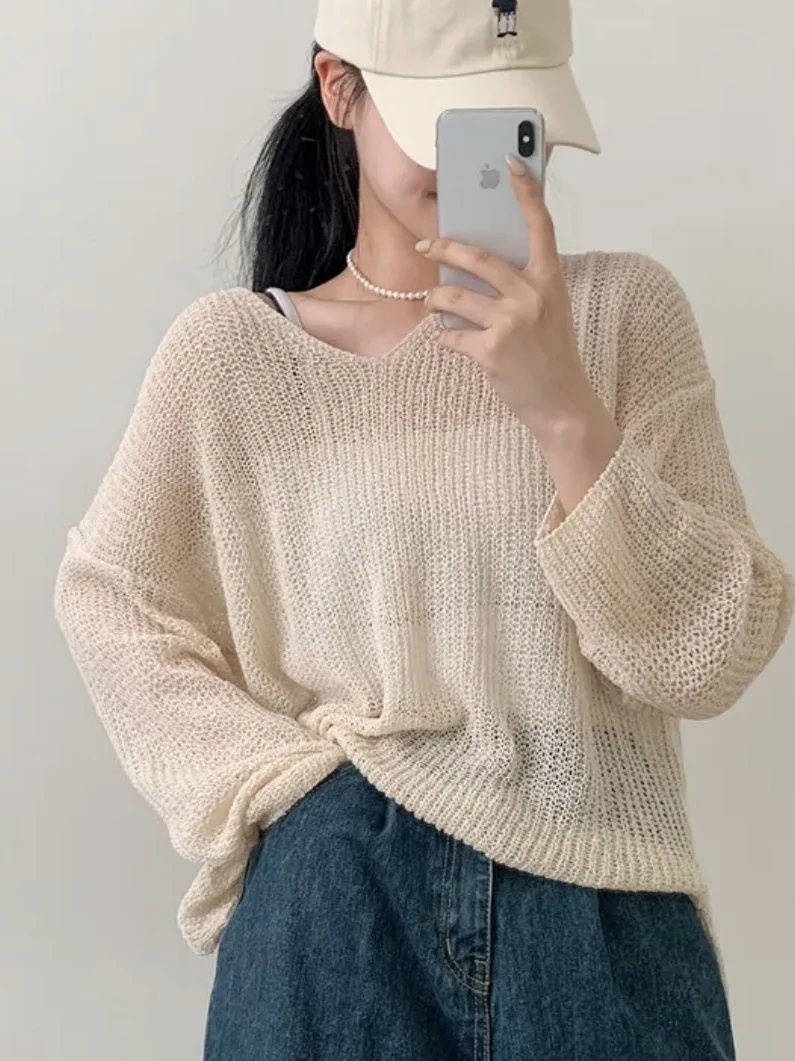 

Chic Loose Lazy Sle V-Ne Long Sve Knitted Sweater Women's Summer 2025 New Faion Commute Wind Regular Length T-irt