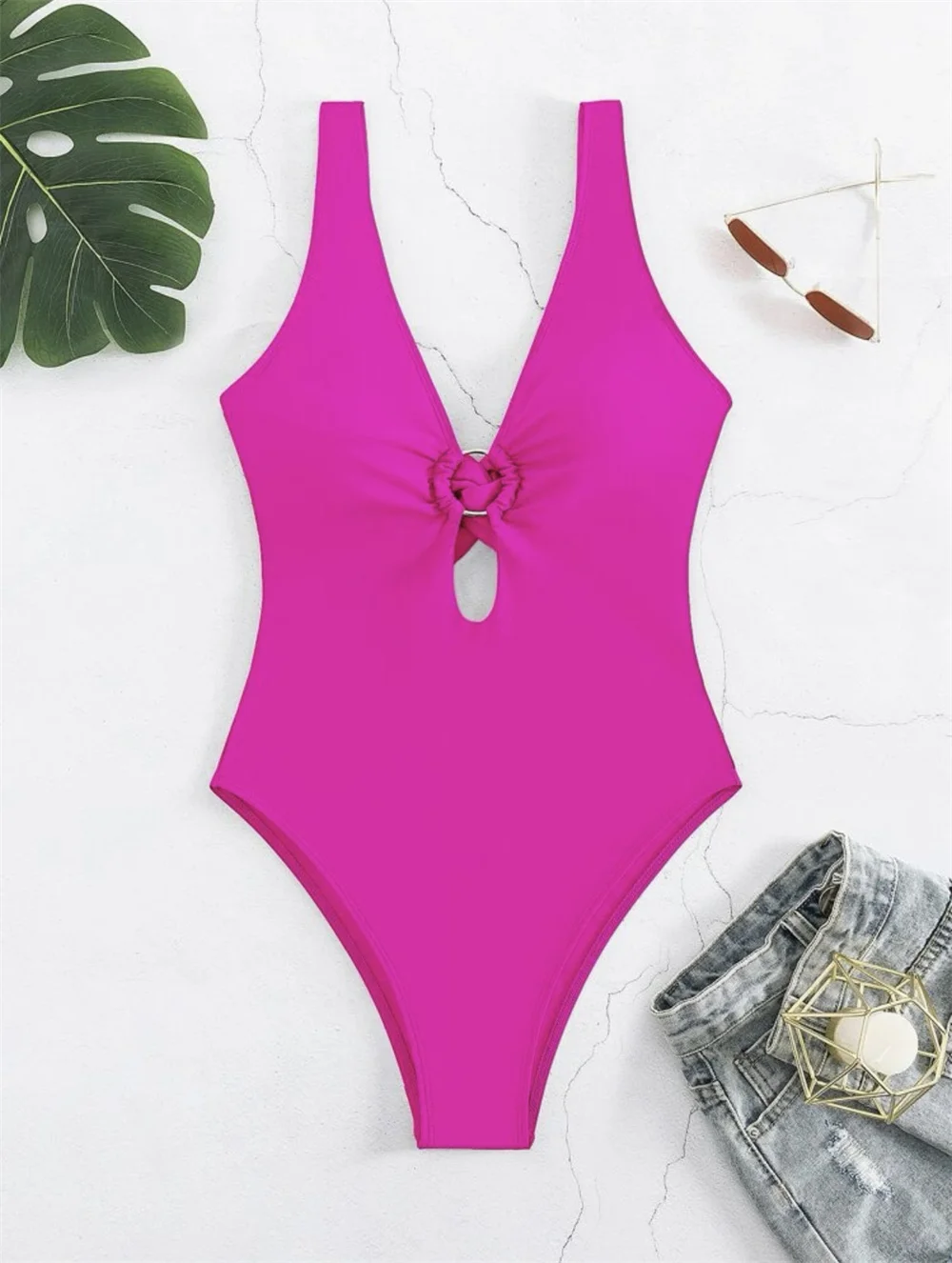 Biquíni oco torcido feminino, anéis micro Monokini, maiô sexy em V profundo, roupa de banho de uma peça, roupa de férias de praia