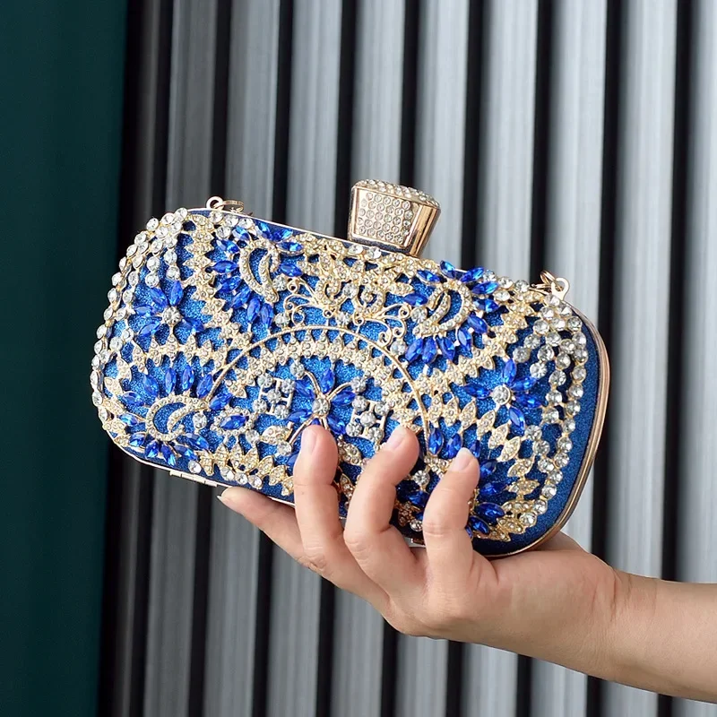 

New Luxury Hollowing Royal Blue Clutch Bag for Women Elegant Diamond Ring Buckle Gold Handbags Mother of Groom Silver Purses