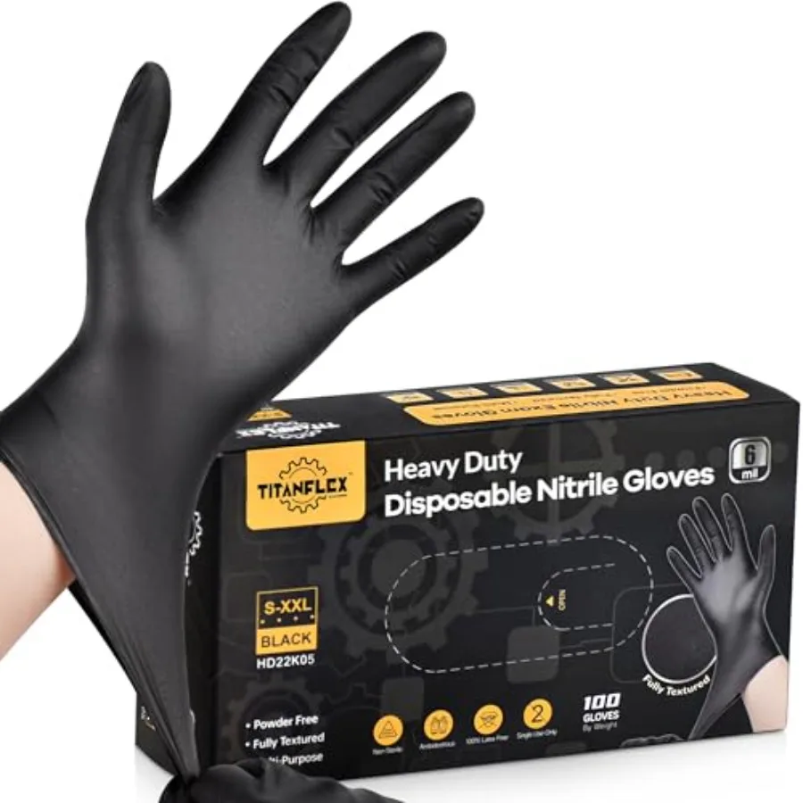 

TitanFlex Heavy Duty Black Nitrile Gloves, 6 Mil, Fully Textured, Mechanic Disposable Gloves, Latex Free, Powder Free