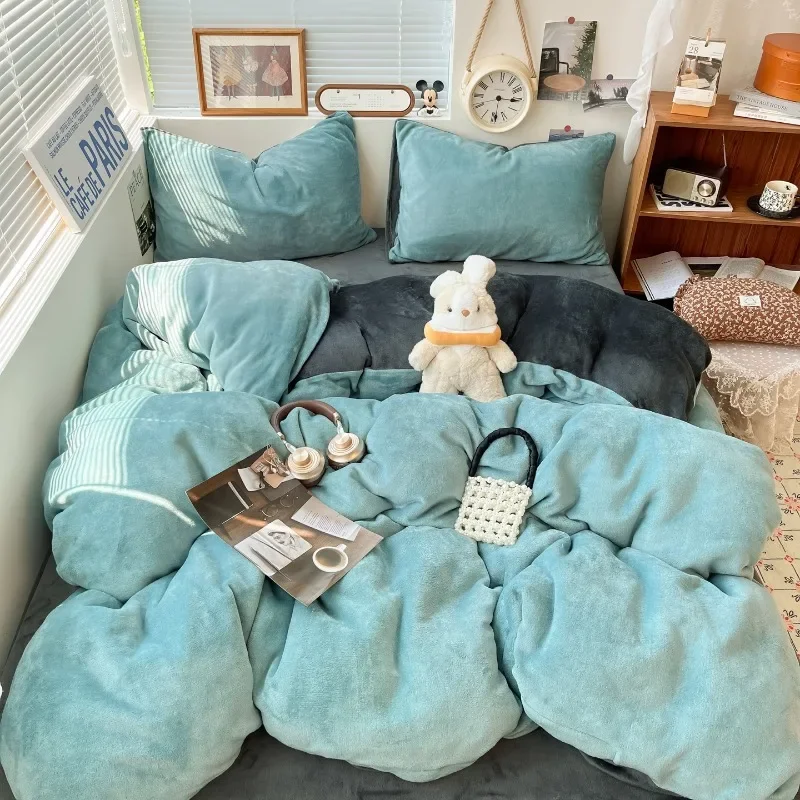 olid color thickened milk fleece bed sheet four-piece set color matching winter coral fleece student dormitory