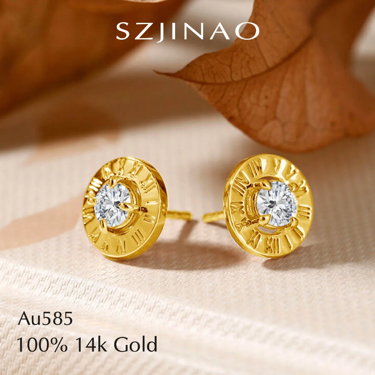 Mystical Beauty 14K Gold Roman Numeral Stud Earrings Moissanite Round Cut 5MM Niche Design for Women Man Wedding Jewelry Gift