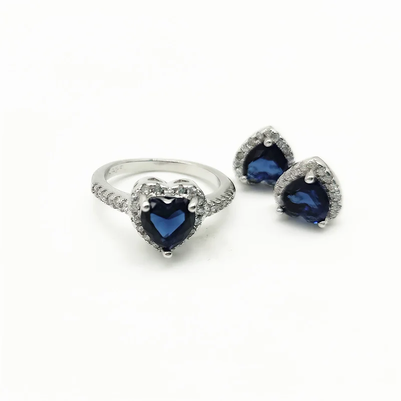 CC Heart Jewelry Sets 2pcs Ring Stud Earrings For Women Blue Zirconia Wedding Engagement Fashion Accessories Drop Shipping