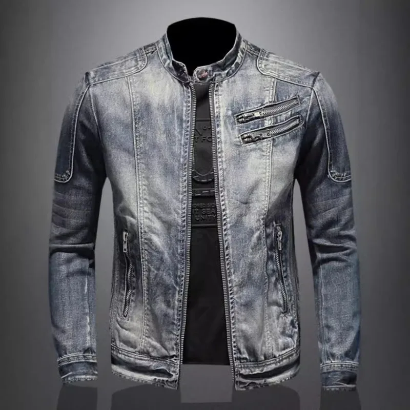 

Cowboy Jacket Men's Retro Stand Up Collar Zipper Workwear Jacket Cycling Motorcycle Suit