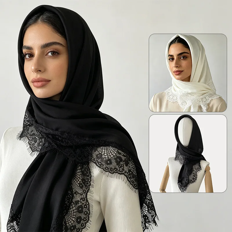 70x70cm Square Scarf Women Lace Trim Hijab Bow Tie Headscarf Elegant Silky Bandana Modest Muslim Head Wrap Daily Hair Scarves view 2