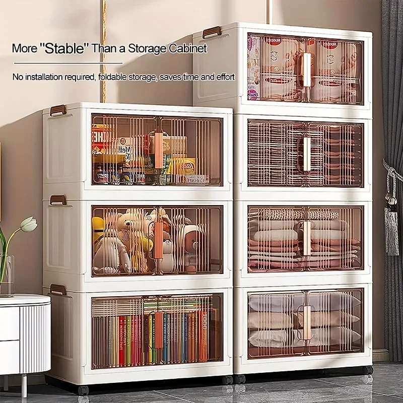 Folding Storage Cabinet Storages Cabinet Waterproof and Dustproof with Swivel Wheel Kitchen Bedroom Living Room Storage Wardrobe