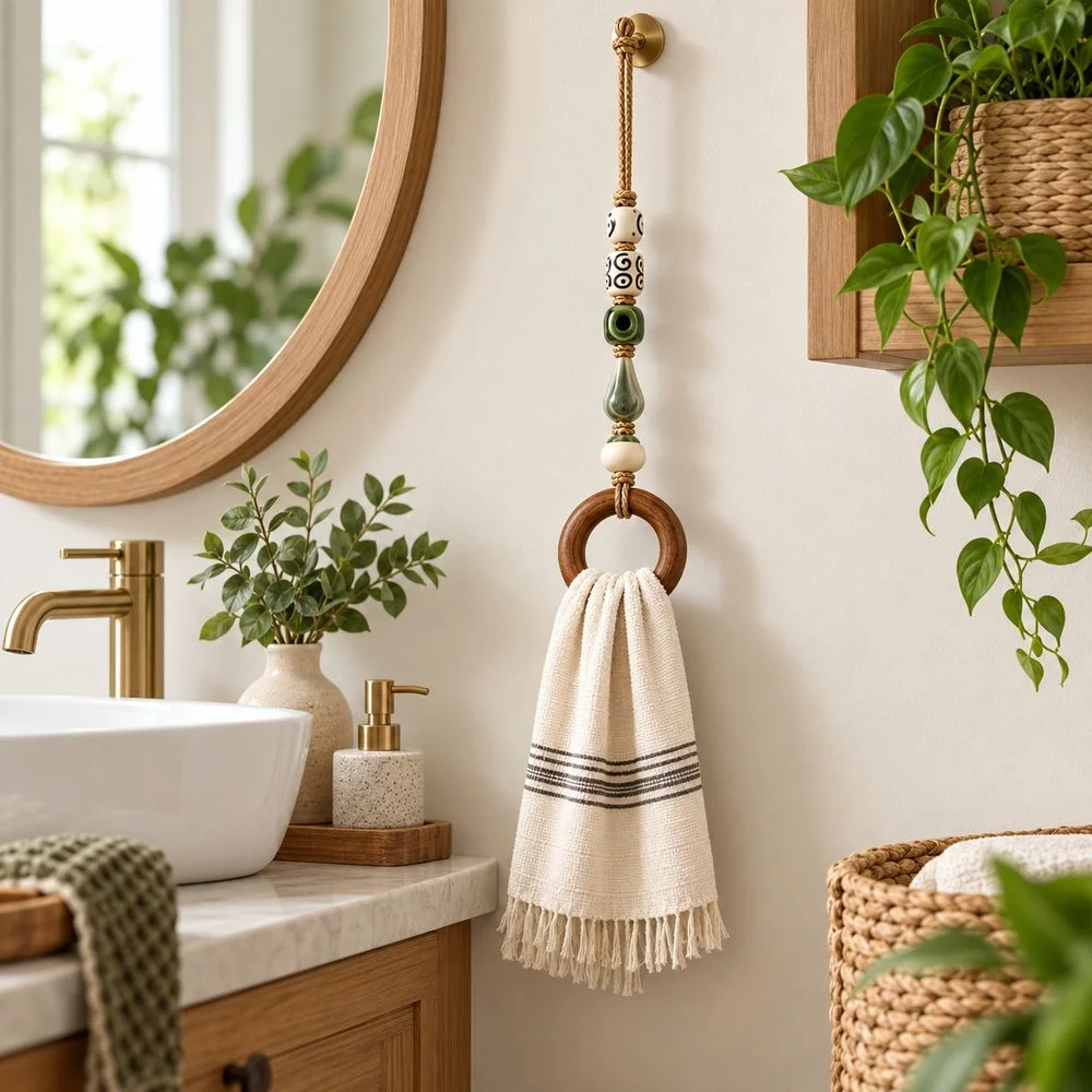 Wooden Ring Beaded Towel Hanger Loop Hanging Strap Colorful Beads Hanging Towel Strap Bathroom Accessories Decorative Style