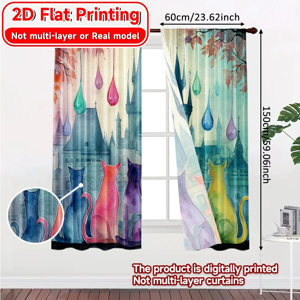 2D FLAT PRINTING 2pcs Curtains (Without Rod) Colorful Cats in Rain Holiday Easter Printed Curtains Polyester Curtains