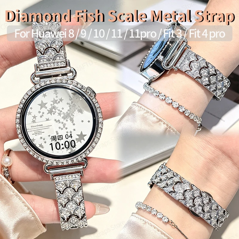 18 20 22mm Sparkling Diamond Fish Scale Strap for Galaxy Watch 7 6 5 4 Classic/Active 2 Women Metal Bracelet for Huawei GT 6 5 4