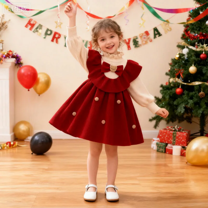 

Новогоднее платье для девочек, осенне-зимнее повседневное платье трапециевидной формы с милым медведем и длинными рукавами, цельное платье принцессы для дня рождения, 1-6 лет