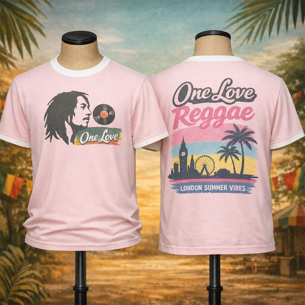 One Love Reggae Eltern-Kind Unisex T-Shirt im Vintage Bob Marley Stil London Summer Vibes Atmungsaktives Ringer-Kurzarm-Outfit – Detail 6
