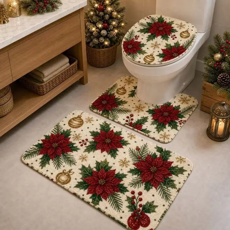 VIKAMA Christmas Truck Toilet Mat Set, 2027 Merry Christmas Bathroom Decor, Red Vintage Car with Tree Plaid Snowflakes