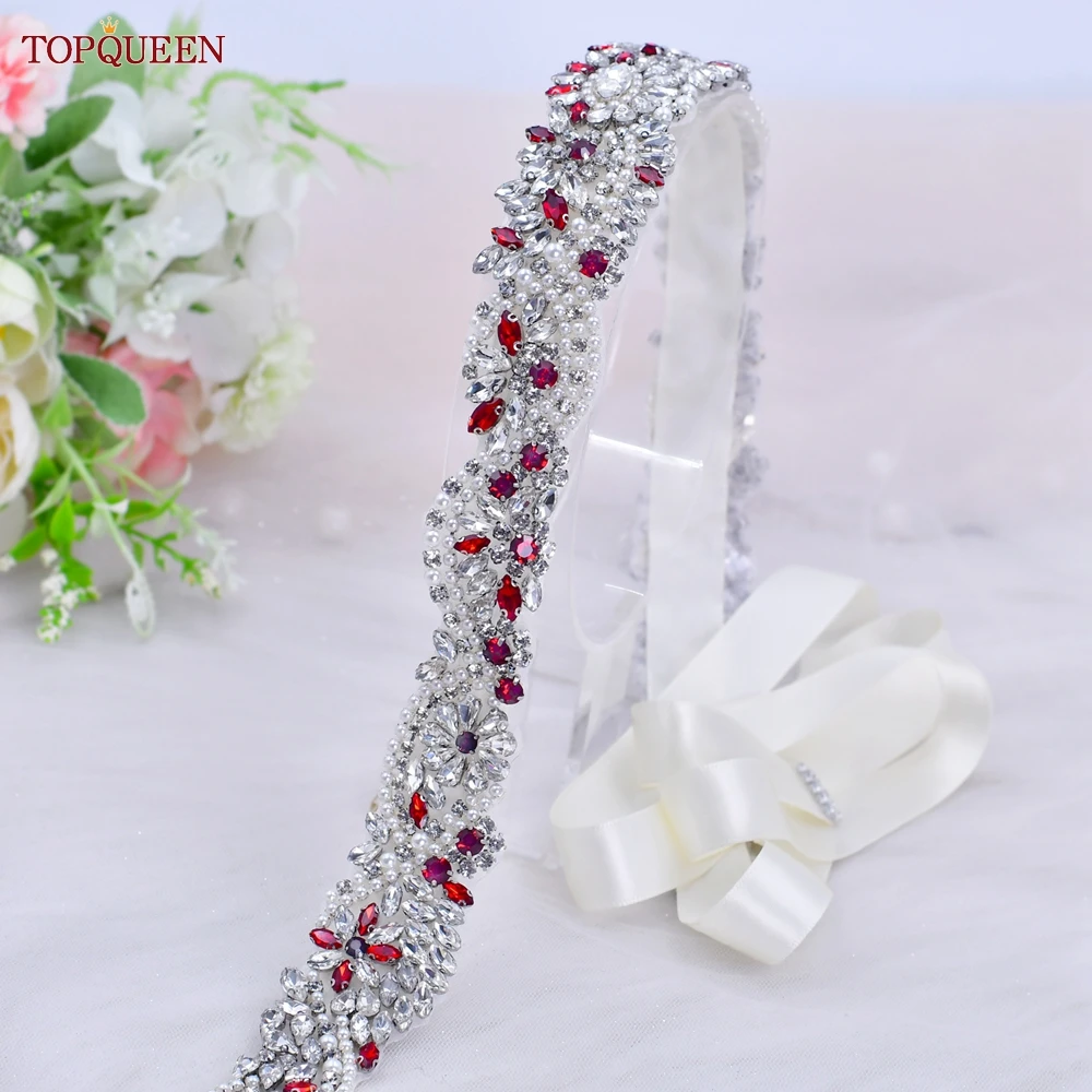 TOPQUEEN S82 Bridal Ruby Decorative Belt for Wedding Evening Dress Accessories Female Woman Fashion Belts Silver Rhinestones