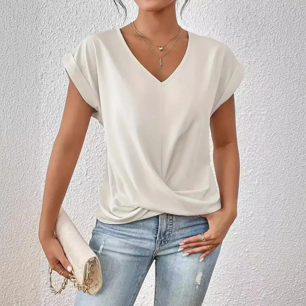 Top clásico de Color sólido para mujer, camisas elegantes con cuello en V, Tops transpirables para Jeans, faldas, moda versátil para damas