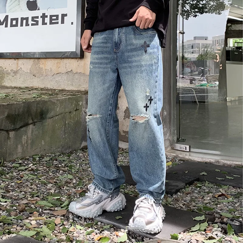 2024 New Autumn Jeans Men's Fashion American Loose Hole Straight Ruffle Handsome Applique Denim Long Pants