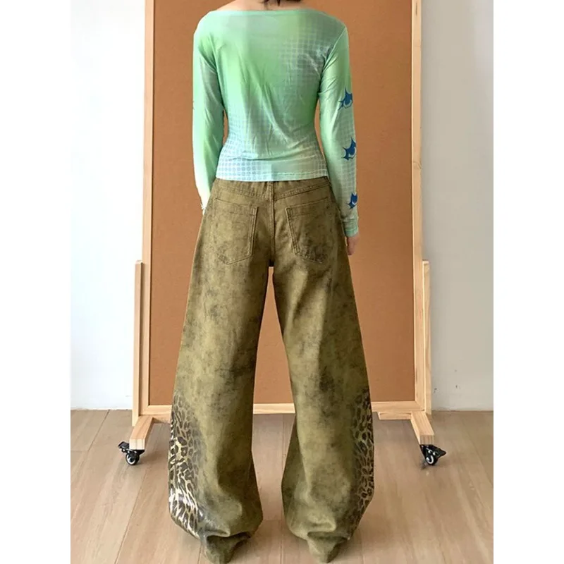 أزياء المرأة ليوبارد الجرافيك الهيب البوب الجينز فضفاض مستقيم الساق حزب الدنيم السراويل النمط الأمريكي الجديد الشارع الشهير سراويل جينز