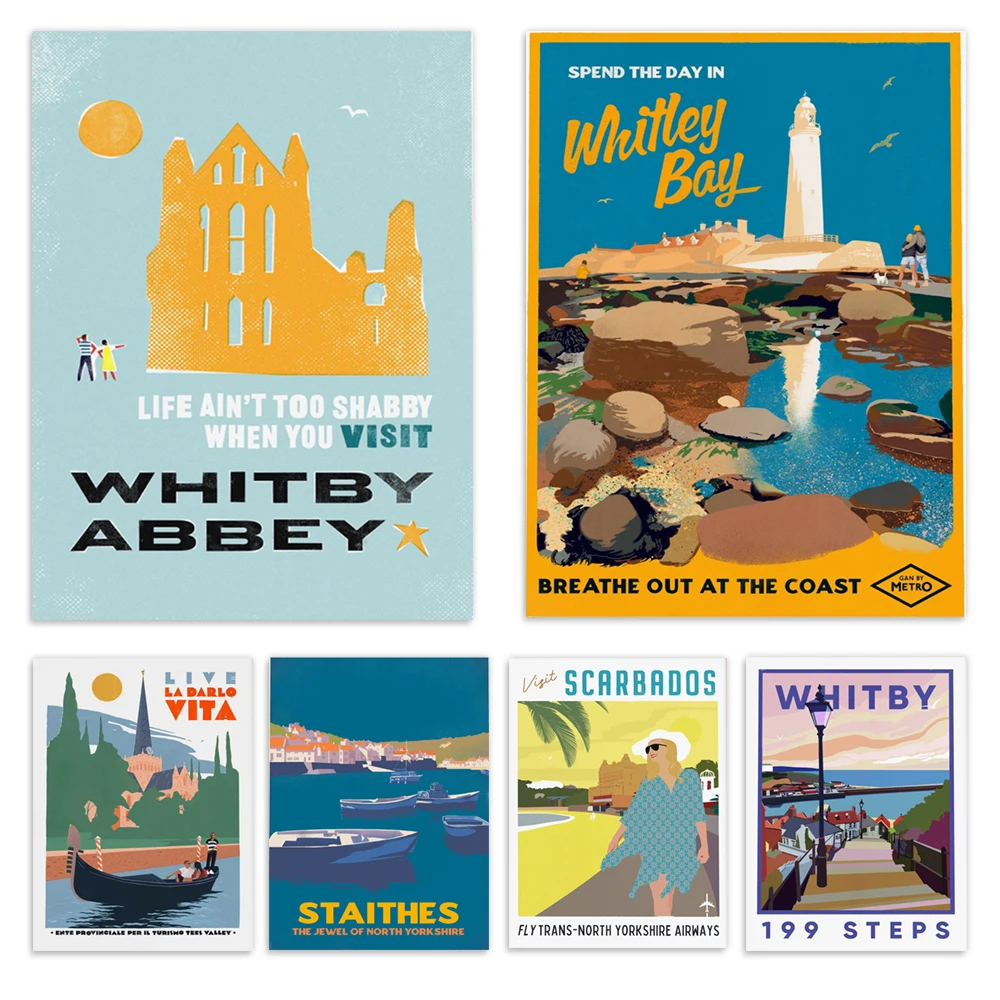 Whitley Bay, Teesside Seaside, Edinburgh, Whitby, North Yorkshire, Darlington, North East, Lighthouse, Scarborough travel poster