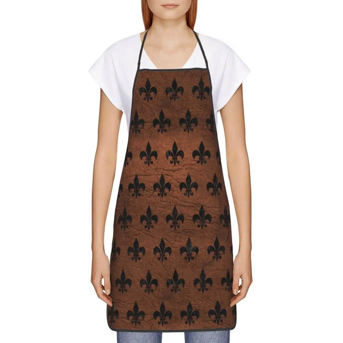 Royal Black Marble Brown Leather Fleur De Lis Apron Adult Women Men Chef Tablier Cuisine for Kitchen Cooking Lily Flower Symbol