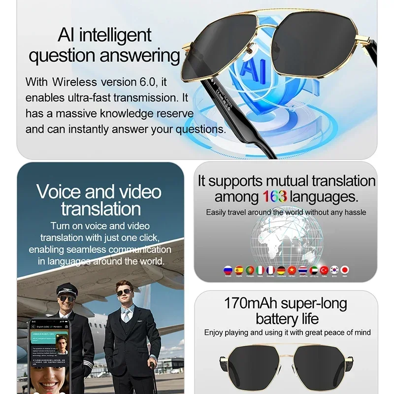 LIGE nuevas gafas inteligentes AI Bluetooth traducción en varios idiomas llamada de voz reproducción de música traductor gafas de sol para Android iOS
