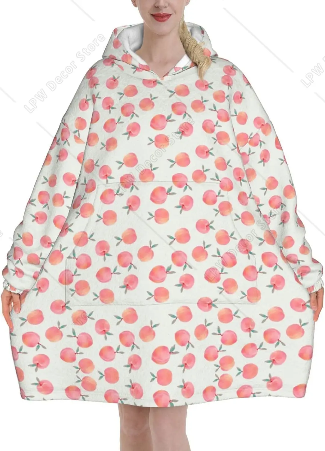 Oversized Flannel Wearable Blanket Hoodie For Adult Watercolor Green Peach Soft Fuzzy Hooded Lounging Pullover