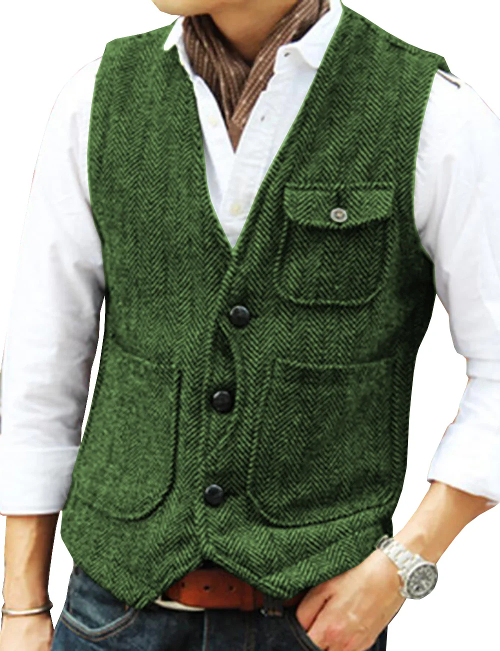 Men\'s Business Suit Vest Herringbone Tweed V Neck Formal Waistcoat for Wedding Suit or Tuxedo