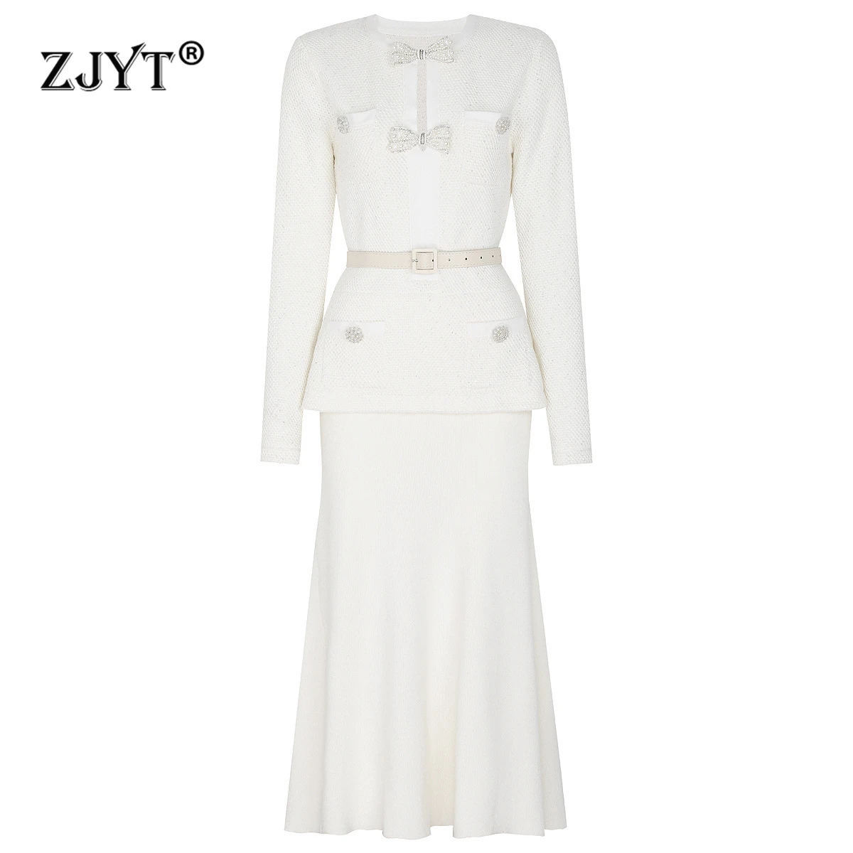

ZJYT Spring Autumn Fashion Midi Knitting Sweater Dresses for Women Long Sleeve Ruffles Patchwork White Black Party Dress Elegant