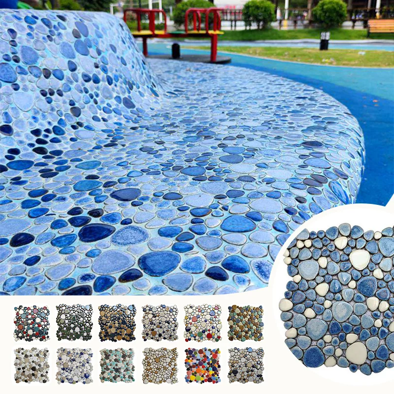 3D Mosaic Fragments Ceramic Pebbles for Hot Spring Pool Fish Pond Bathroom Non-slip Wear-resistant Blue White Porcelain Tiles