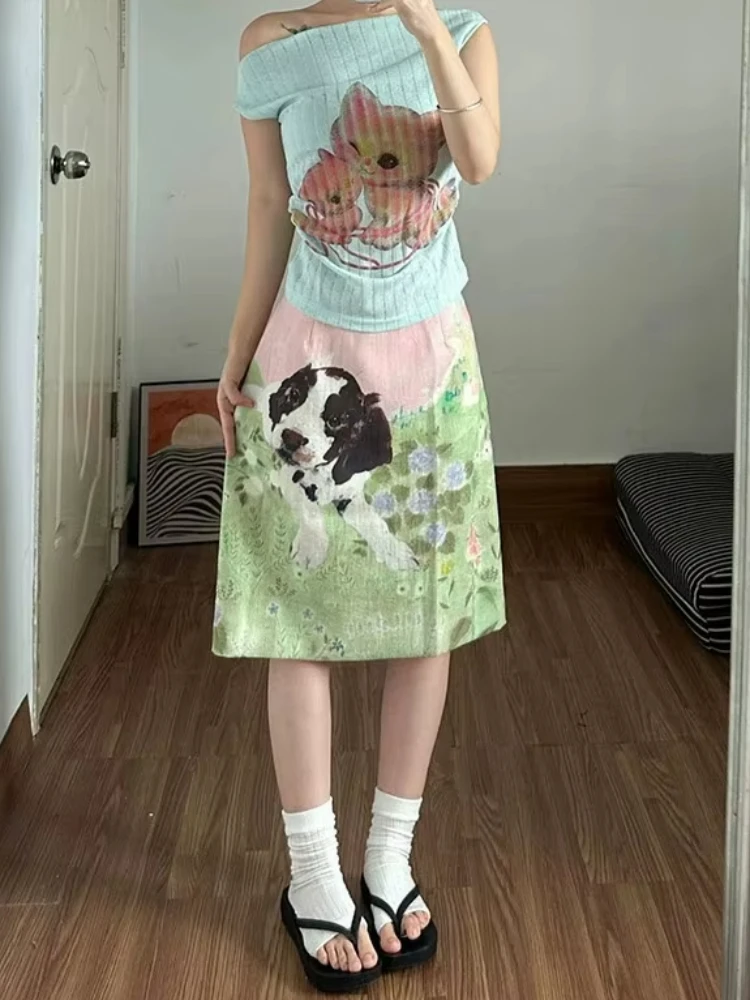 Y2K Women Outfit Cute Cat Dog Floral Printing Pattern Women's Skirt Summer Fashionable Aesthetics Kawaii Matching Midi Skirt