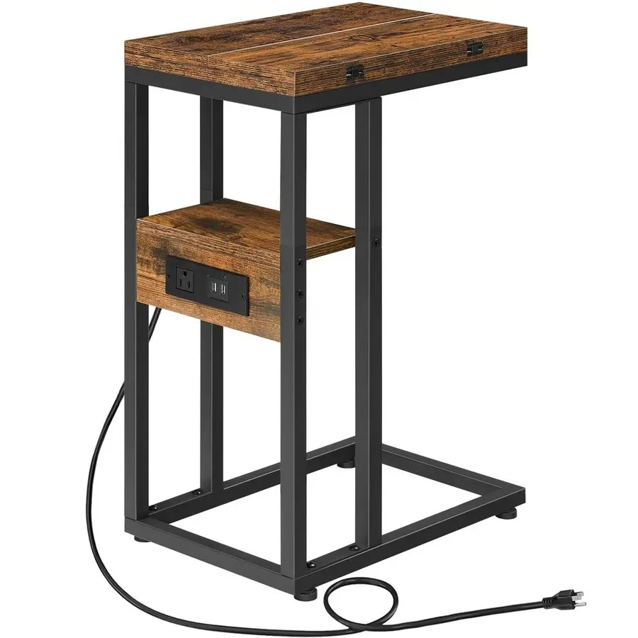 

Foldable End Table, C Shaped Side Table with Charging Station, Sofa Couch Table That Slide Under for Living Room Bedroom Small