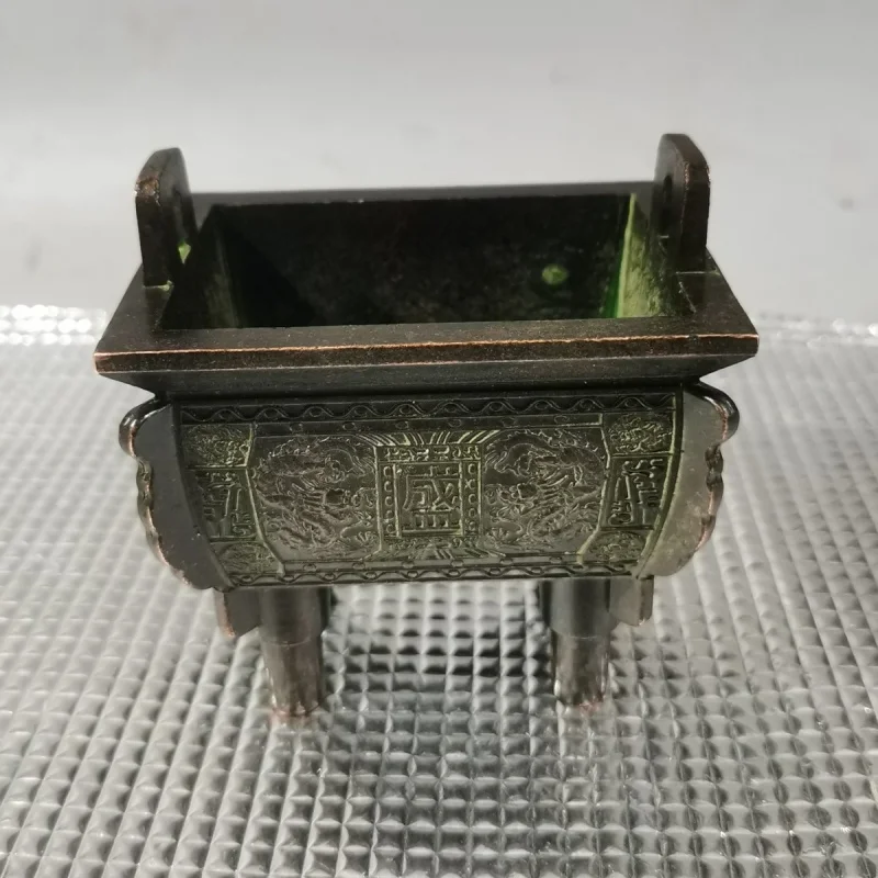 Pure Copper Tripod Ornament Wealth-Attracting Double Dragon Tripod Incense Burner Antique Bronze Rectangular Large Tripod Feng S