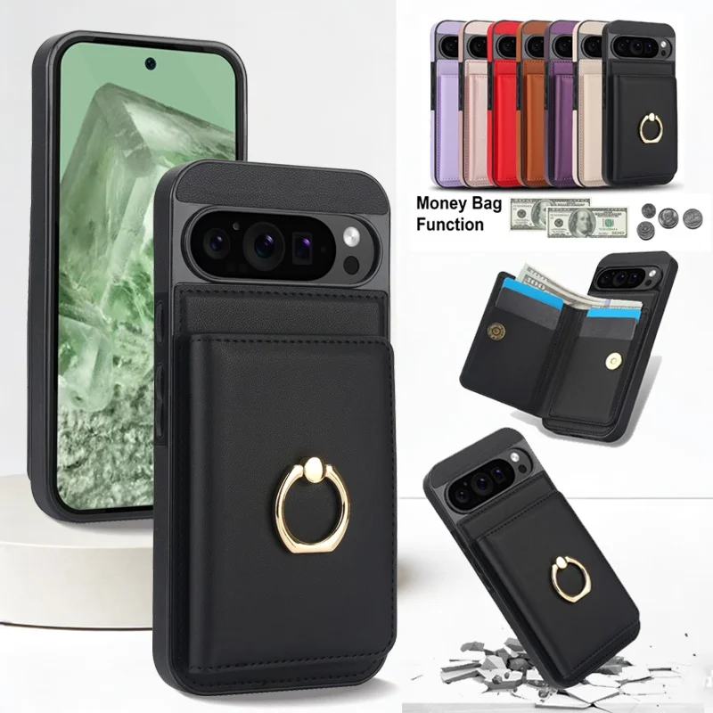 

Ring Leather Wallet Mobile Phone Case for Google Pixel 10A 10 Pro XL Pro 9 9A 8 8A Kickstand Card Holder Cover Hoesje Funda Bag