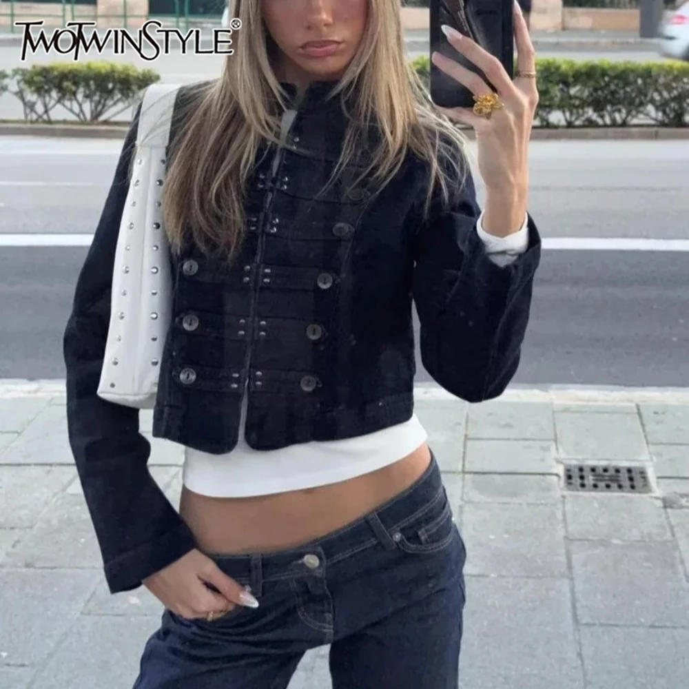 

TWOTWINSTYLE Solid Loose Spliced Buttons Jackets for Women Stand Collar Long Sleeve American Retro Jacket Female Summer Fashion