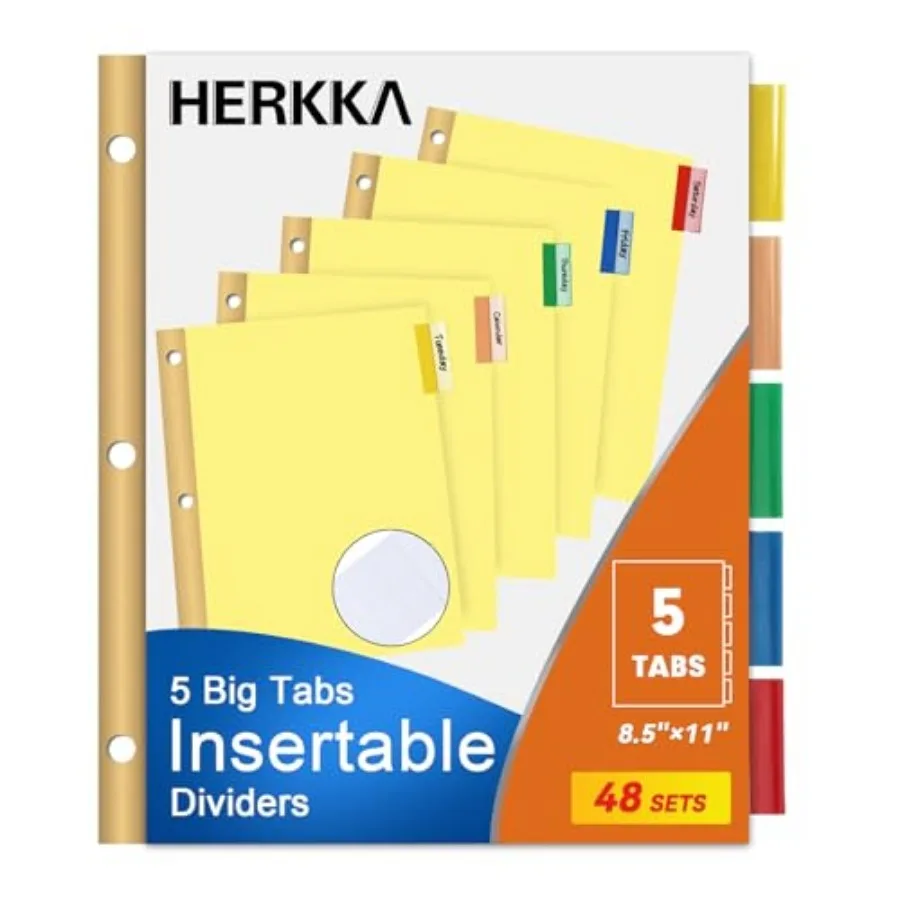 

Набор из 240 разделителей для папок с 5 вкладками, разноцветные, с большими вставными вкладками, бумажные, с усиленными золотыми отверстиями для перфорации