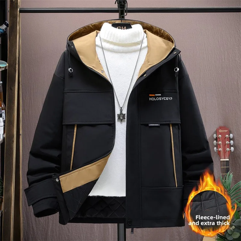 

Мужская утепленная куртка с капюшоном на хлопковой подкладке, свободного кроя, осенне-зимняя, от модного бренда, ветровка из полиэфирного волокна