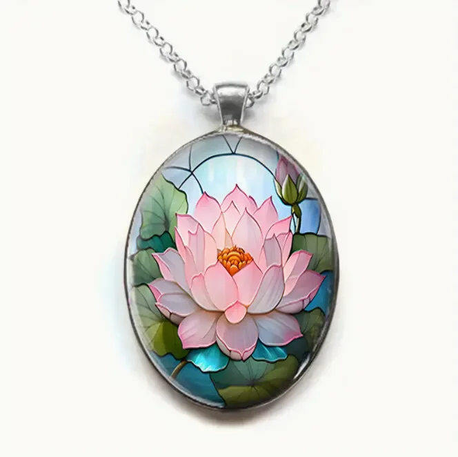 Oval Shaped Glass Pendant Necklace with Lotus Pattern, A Romantic and Fashionable Glass Accessory