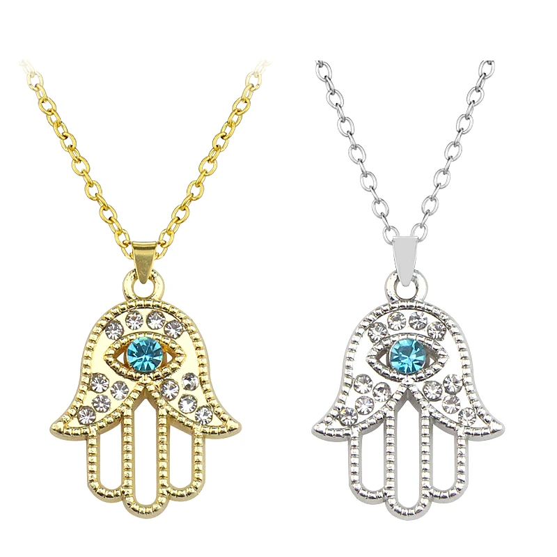 Trendy Blue Eye Pendant Sweater Chains Choker Party Wedding Jewelry Hollow Sun Star Hand of Fatima Evil Eye Necklace for Women