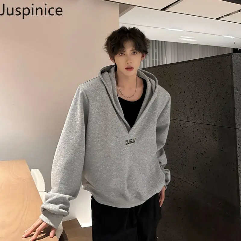 

Juspinice Grey V-neck Hoodie Men's Hooded Spring American Spring and Autumn Style 2025 New Popular Shoulder Padded Jacket