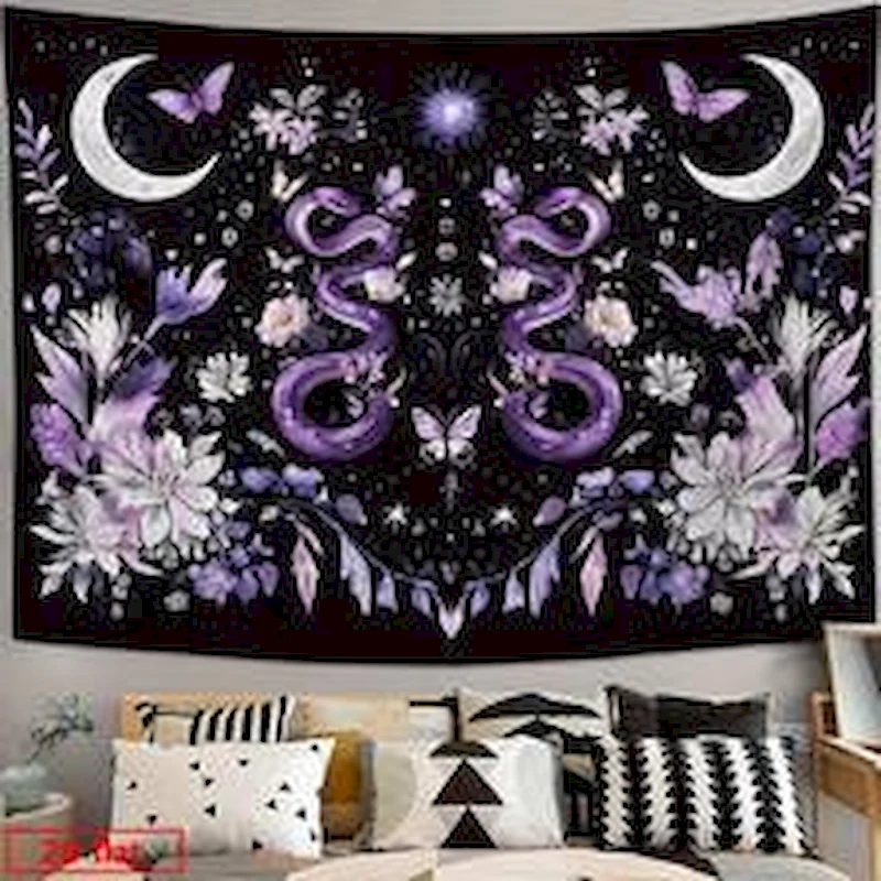 VIKAMA Purple Snake Moon Tapestry, Moth Floral Witchy Wall Hanging Home Decor, Boho Hippie Room Tapestry Decor