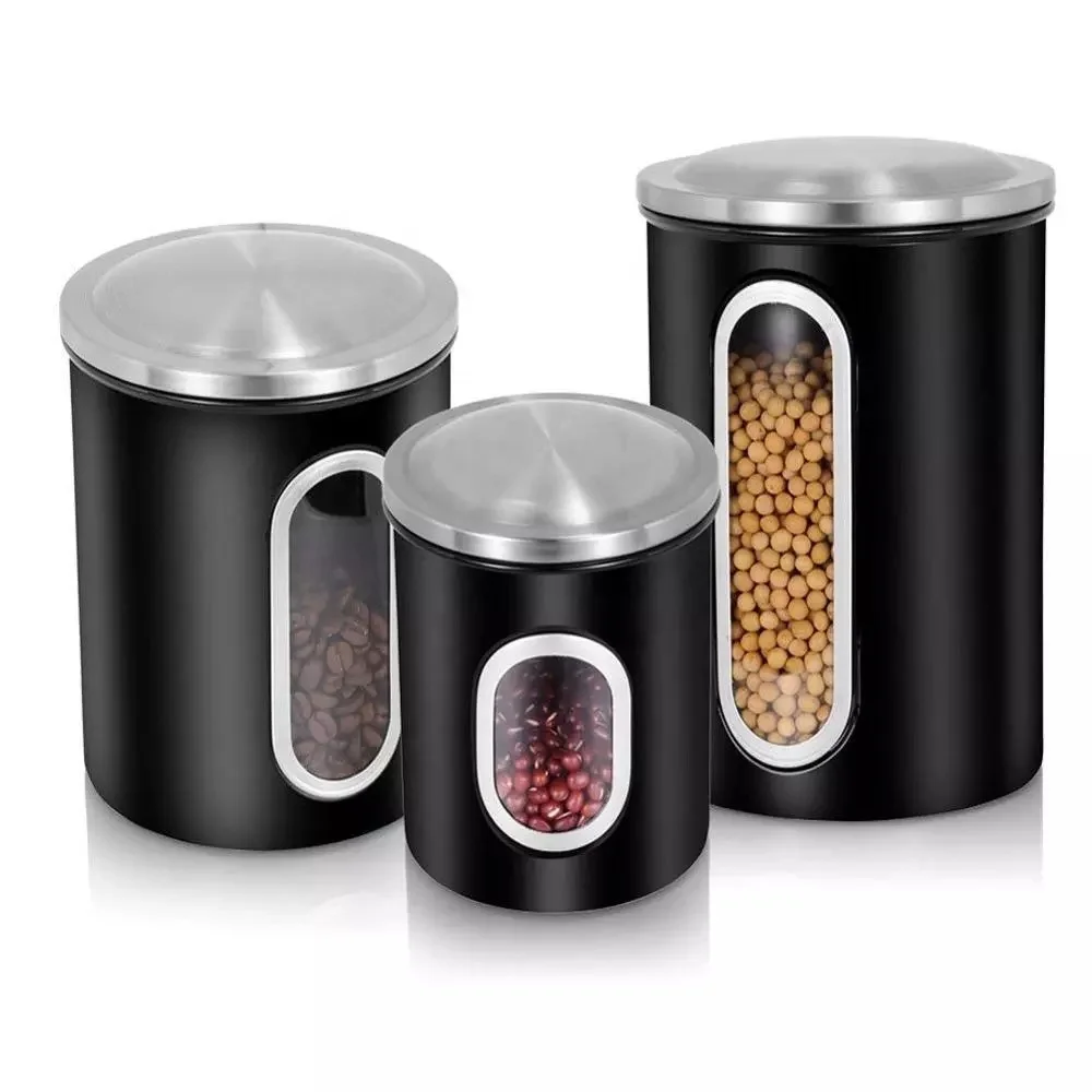 

Metal Food Safe Tea Sugar Coffee Storage Airtight Kitchen Stainless Steel Window Canister Set